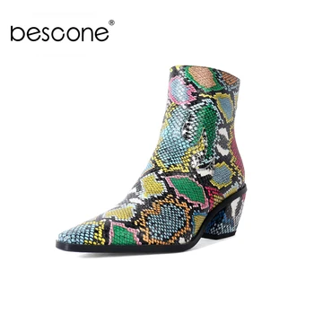 

BESCONE Stylish Women Ankle Boots Sexy Pointed Toe Colorful Snake Pattern High Heel Shoes New High Quality Ladies Boots BY204