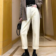 Корейские Шикарные Женские однотонные прямые брюки, тонкие женские осенне-зимние утепленные брюки, свободные длинные джинсы с высокой талией, женские
