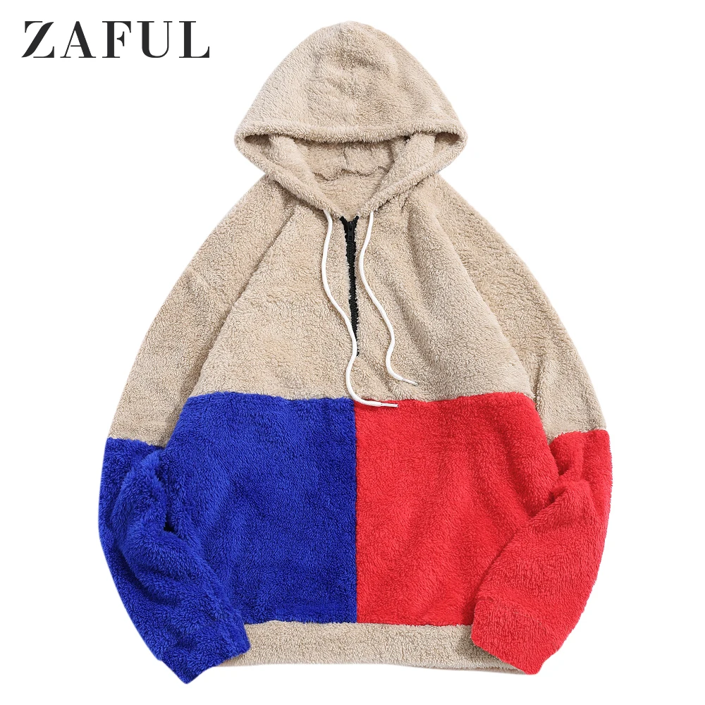 ZAFUL Мужская цветная Блокировка Сращивание половина молнии пушистая толстовка теплая пушистая флисовая толстовка уличная Осенняя Толстовка пуловер Толстовка
