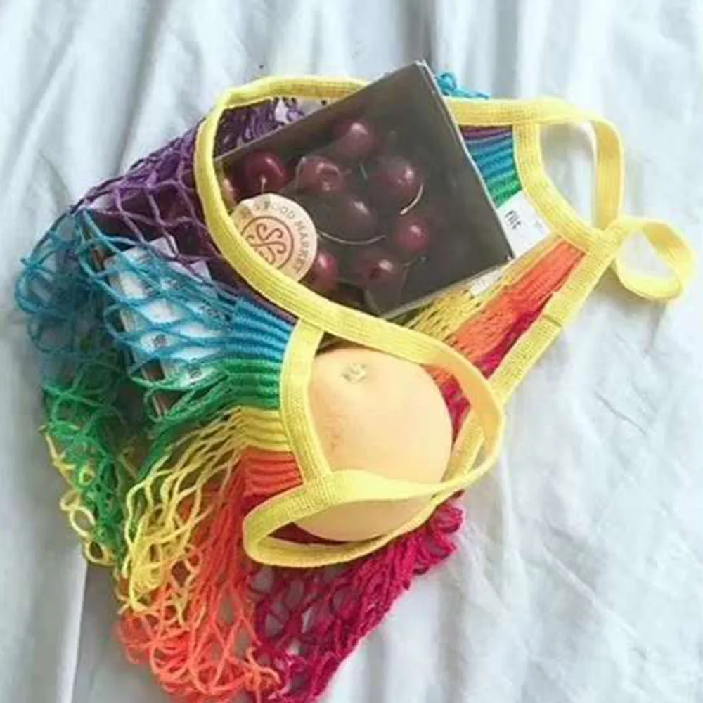 Радужная большая сетчатая многоразовая сумка для покупок струнная прибор для хранения фруктов сумка женская сумка для покупок сетка тканая сумка прочная - Цвет: yellow