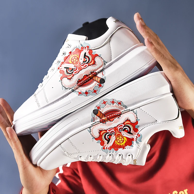

2020 New Design Lion Dance Men Casual Shoes PU Leather White Sneakers Men High Quality Comfortable Zapatillas Hombre Trainers