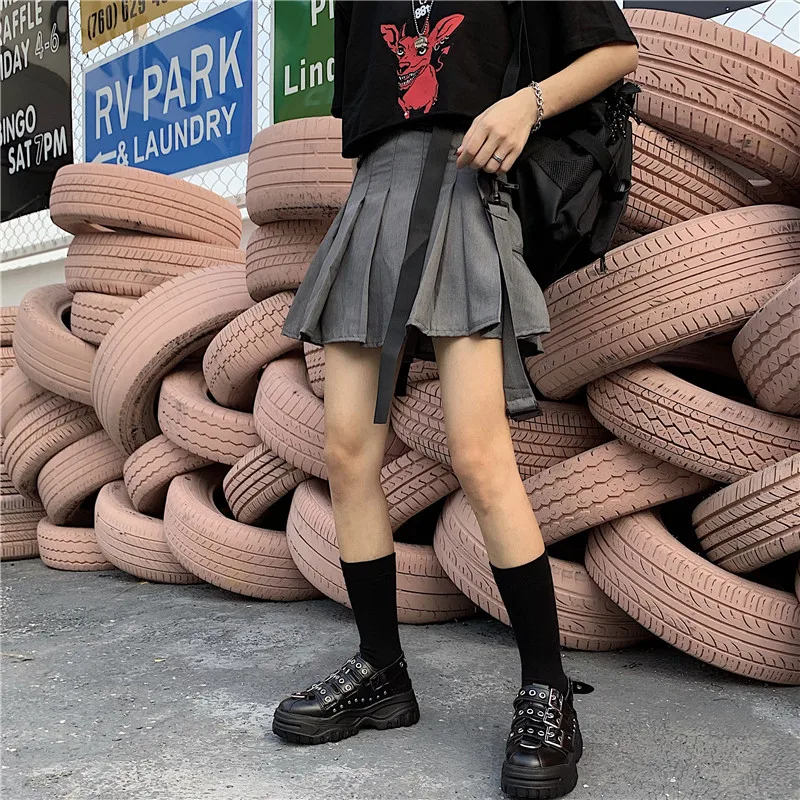 Ooling Стиль Маленькая мода уличная личность Harajuku стиль лето дикий ретро плюс пояс карман Высокая талия плиссированная юбка