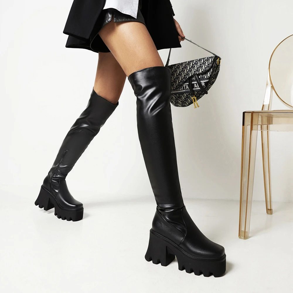 Super High Hollow Heel Square Toe Over-The-Knee Women's Boots High Waterproof Platform Punk Style Heightening Sole Trendy Boots