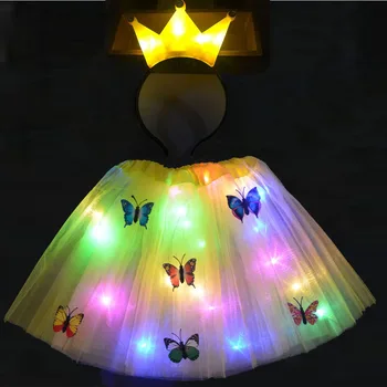 

Christmas Glow Girl Butterfly Tutu LED Skirt Crwon Tiara Set Princess Party Tutus Tulle Pettiskirt Child Ballet Light Up Wear