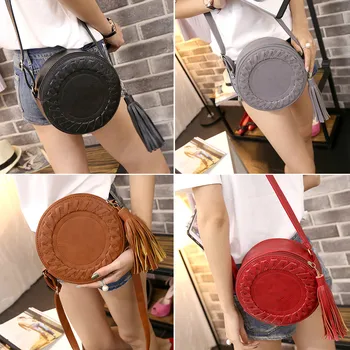 

women leather female Zipper messenger bags Round Casual One-shoulder Adjustable Braided Tassel Small Round Bag