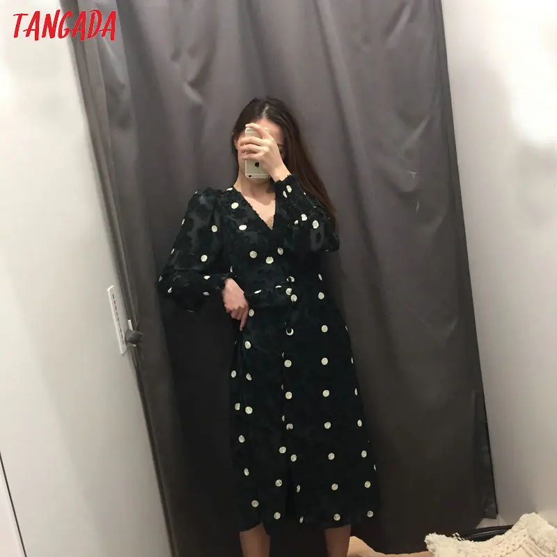 Tangada женское элегантное платье с вышивкой в горошек, новогоднее платье для вечеринки, v-образный вырез, длинный рукав, тянущаяся Талия, элегантные женские миди платья 3h194