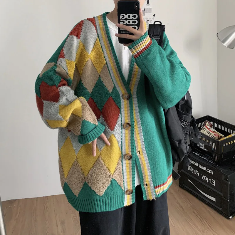 

Winter Plaid Cardigan Men's Warm Fashion Casual Knitted Sweater Coat Men Streetwear Loose Knitting Sweaters Jacket Mens Clothes