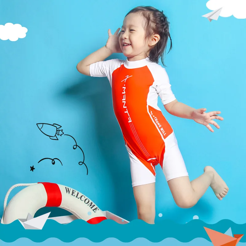 

One-piece Swimming Suit Short Sleeve Children BOY'S Children Sun-resistant Unisex Chinlon One-piece Girls Giggle Training Swimwe