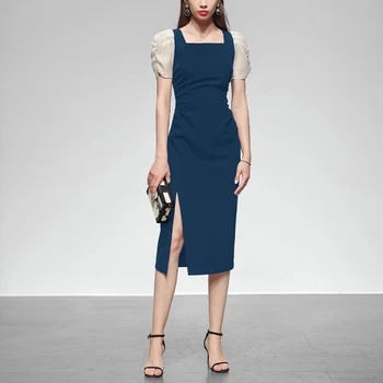 

Seifrmann Women Summer Fashion Designer Pencil Dress Lantern Sleeve Solid Printed Elegant Slim Ladies Split Midi Dresses 2020