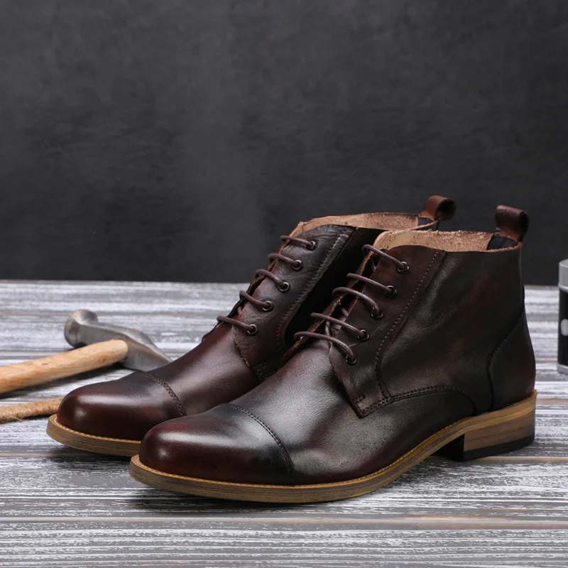 

Spring Men's Boot Leather Boot Hight-top Short Boots Martin Boots Genuine Leather Cowhide Men's England Trend Retro Single Layer