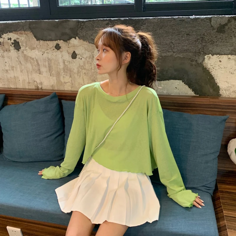 Casual Korean Vogue Women Solid Chiffon Tops And Blouses Ladies Vintage O-Neck Long Sleeve Loose Short Shirts Blusas Mujer