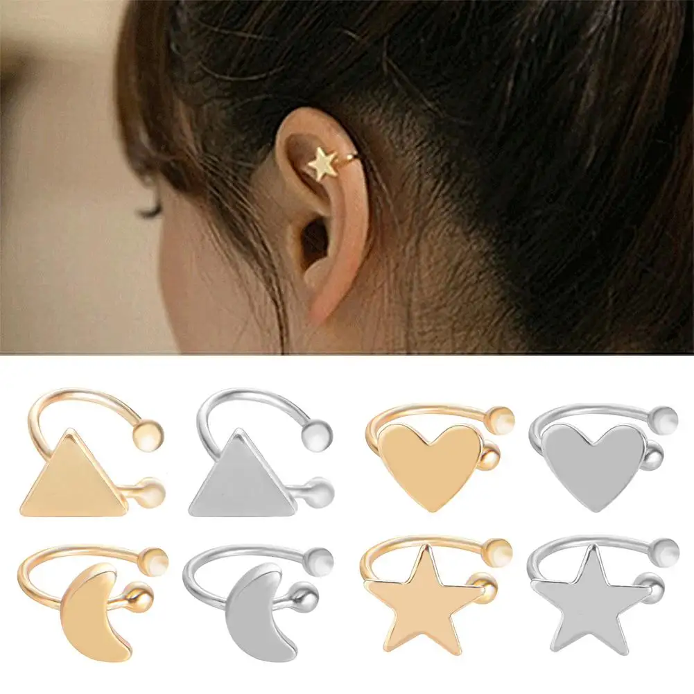 1PC Women Earcuff Fashion Small Gold Moon Clover Star Heart Triangle No Pierced Earclips Clip-on Ear Cuff Clip Earrings Jewelry | Украшения