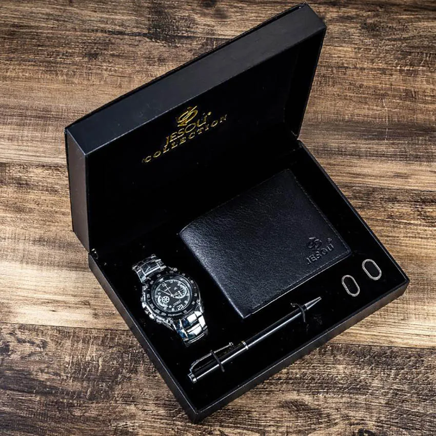 Рождественский подарочный набор для бойфренда папы мужские часы стальной ремешок кварцевые наручные часы деловые мужские Clcok кожаный бумажник Reloj Masculino - Цвет: Серебристый