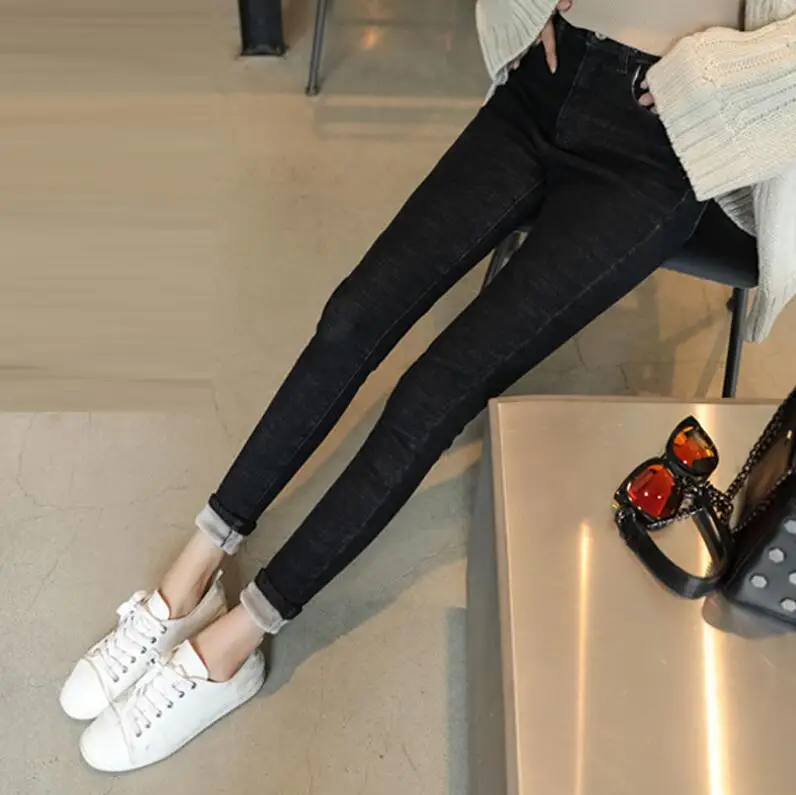black-thin Plus Velvet High Waist Jeans Women Warm Thicken Autumn Winter Jeans Femme Casual Vintage Jeans Stretch Women Pencil Pants - Цвет: black-thin