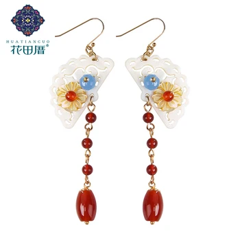 

Fan-Shaped Shell Yellow Flower Dangle Earring Blue Red Agat e Beads Alloy Chain Ethnic Handmade Female Accessories EZ-190402