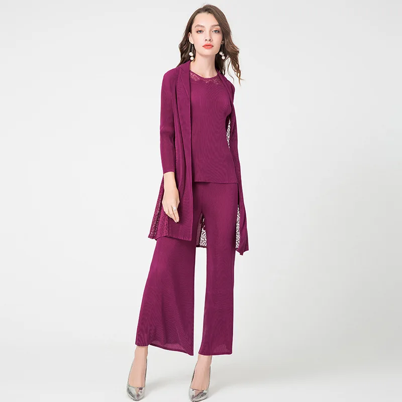 Rose Red Женский модный Комплект из трех предметов, Miyake, плиссированные, пожалуйста, костюм, однотонный, японский стиль, брючные костюмы, женские майки, длинное пальто, широкие штаны - Цвет: Rose Red