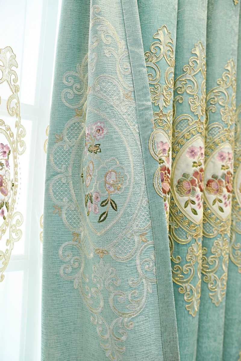 European Chenille Green Gold Thread with Flowers Bedroom Blackout Curtains Exquisite Living Room Embroidery Sliding Door Drapes