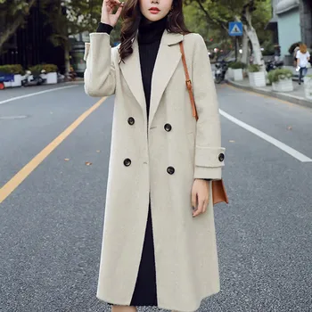 

Women Work Solid Vintage Winter Office Long Sleeve Button Woolen Jacket Coat Female Woolen Outerwear Manteau Femme Y912