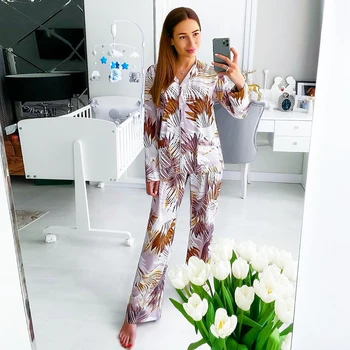 

HiLoc Leaf Print Sleepwear Winter Long Sleeve Pajamas With Pants Loose Pockets Autumn Pj Sets For Women Home Suit Female Set