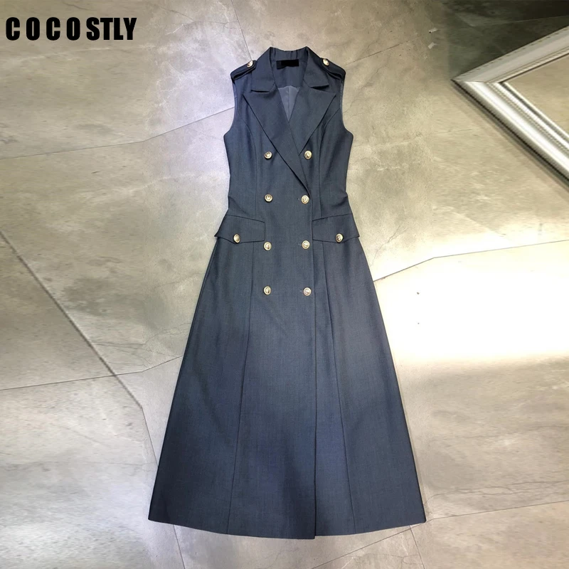 European and American Autumn new women's maxi dress double-breasted suit jacket sleeveless vest long dress vestido