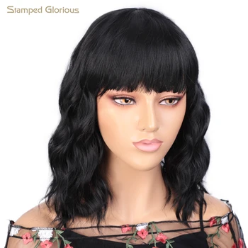 

Stamped Glorious Bob Curly Wig Synthetic Short Black Wig with Bangs Natural Looking Heat Resistant Fiber Hair for Women