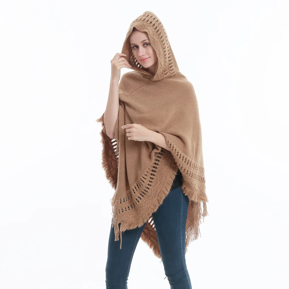 

Oversize Winter Women Knitted Caps Poncho Tassel Thick Sweaters Pullover Casual Scarf Batwing Sleeve Jumper Solid Sleeveless