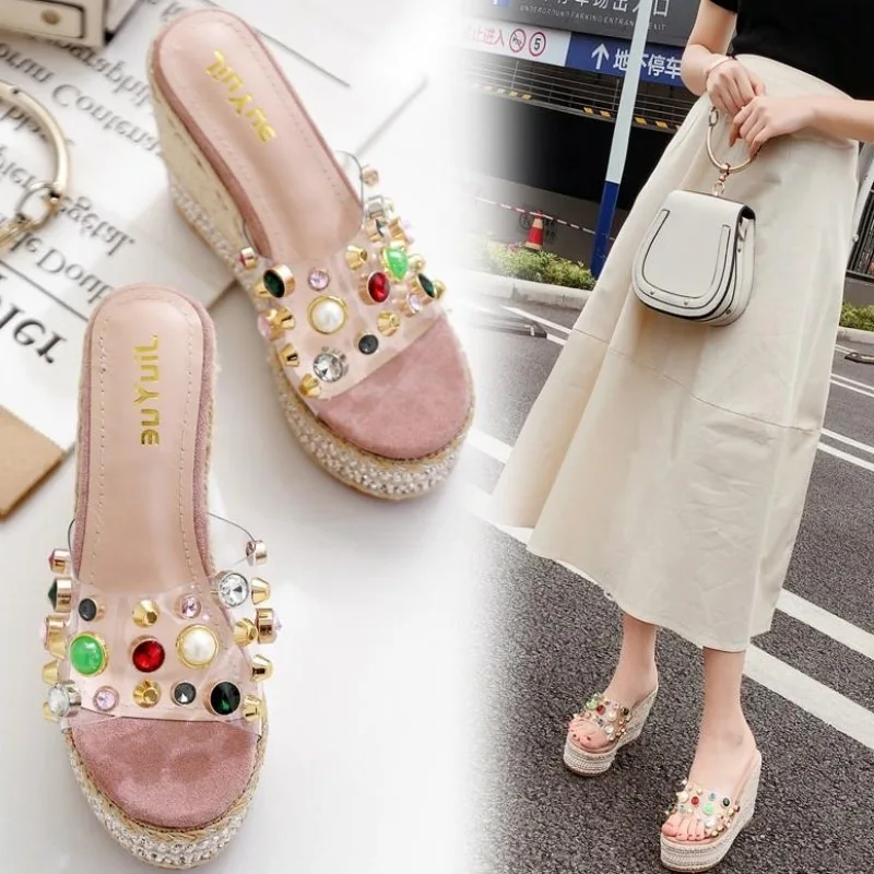 

On A Wedge Slippers Heels Women Shoes With Platform Slides Jelly Flip Flops High Sliders Flat 2019 Glitter Summer Wedges