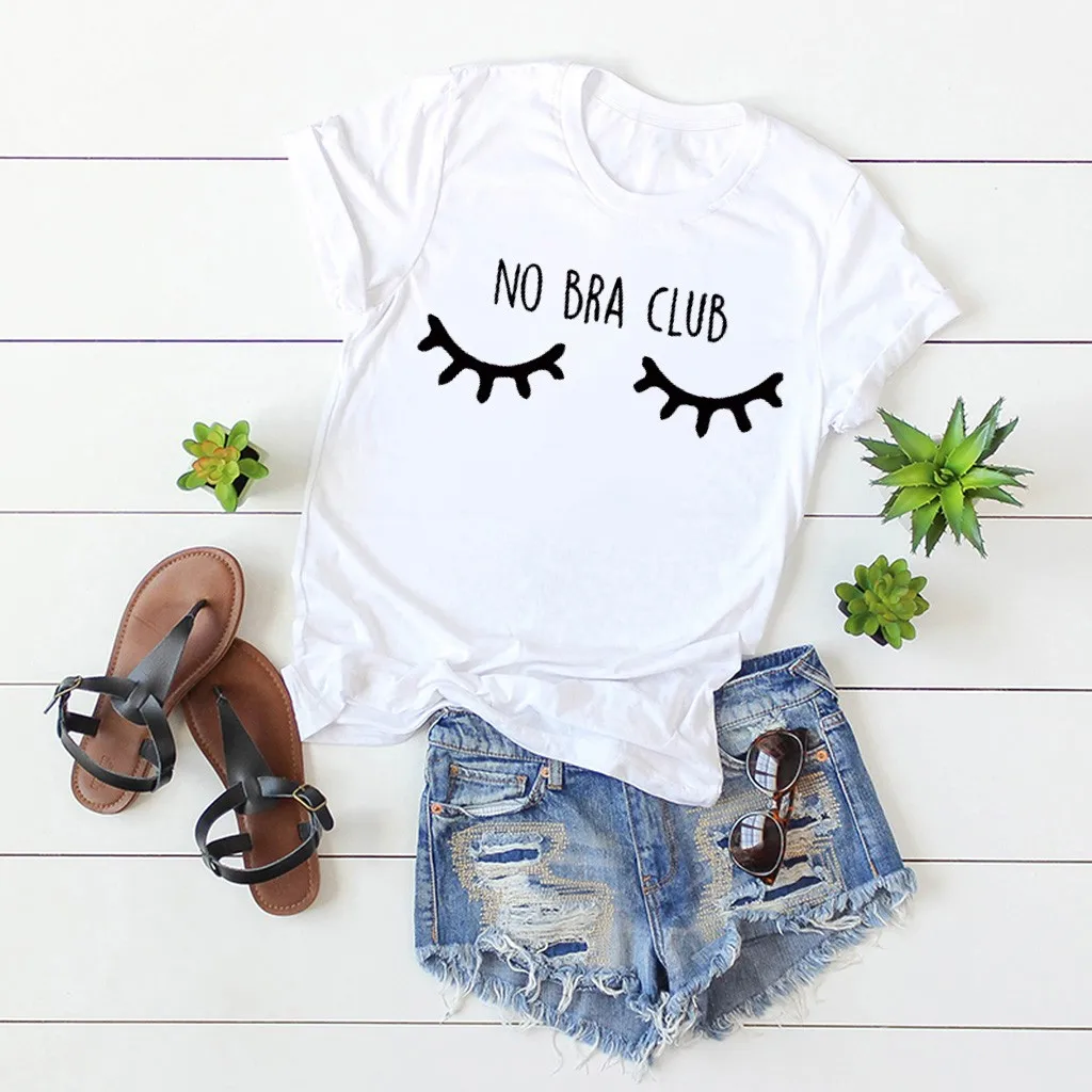 No Bra Club Letter Print T-shirt Women Multicolor Large Size Loose Fashion Tops Summer Casual Short Sleeved T Shirt Wild | Женская