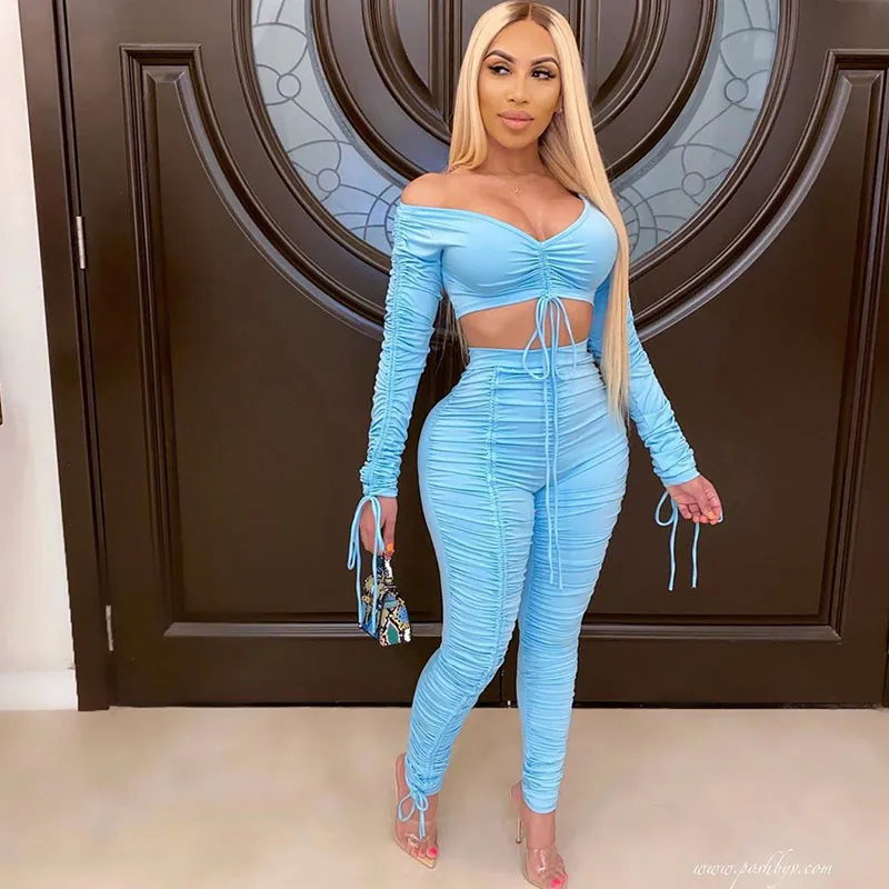 

Lace Up Drawstring Two Piece Set Women Off Shoulder Crop Top Ruched Stacked Pants Elegant 2 Piece Set Club Outfits Matching Sets