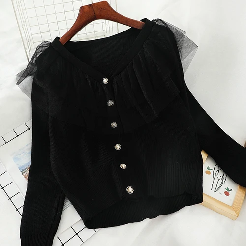 Black Gaganight сетчатый лоскутный Модный женский Кардиган с длинным рукавом и v-образным вырезом, корейский однотонный вязаный кардиган Kardigan, Женский стрейчевый тонкий короткий - Цвет: Black