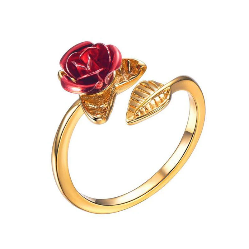 Изменяемые кольца на палец для женщин подарок на день Святого Валентина ювелирные изделия красная роза сад цветок листья Открытое кольцо - Цвет основного камня: Golden