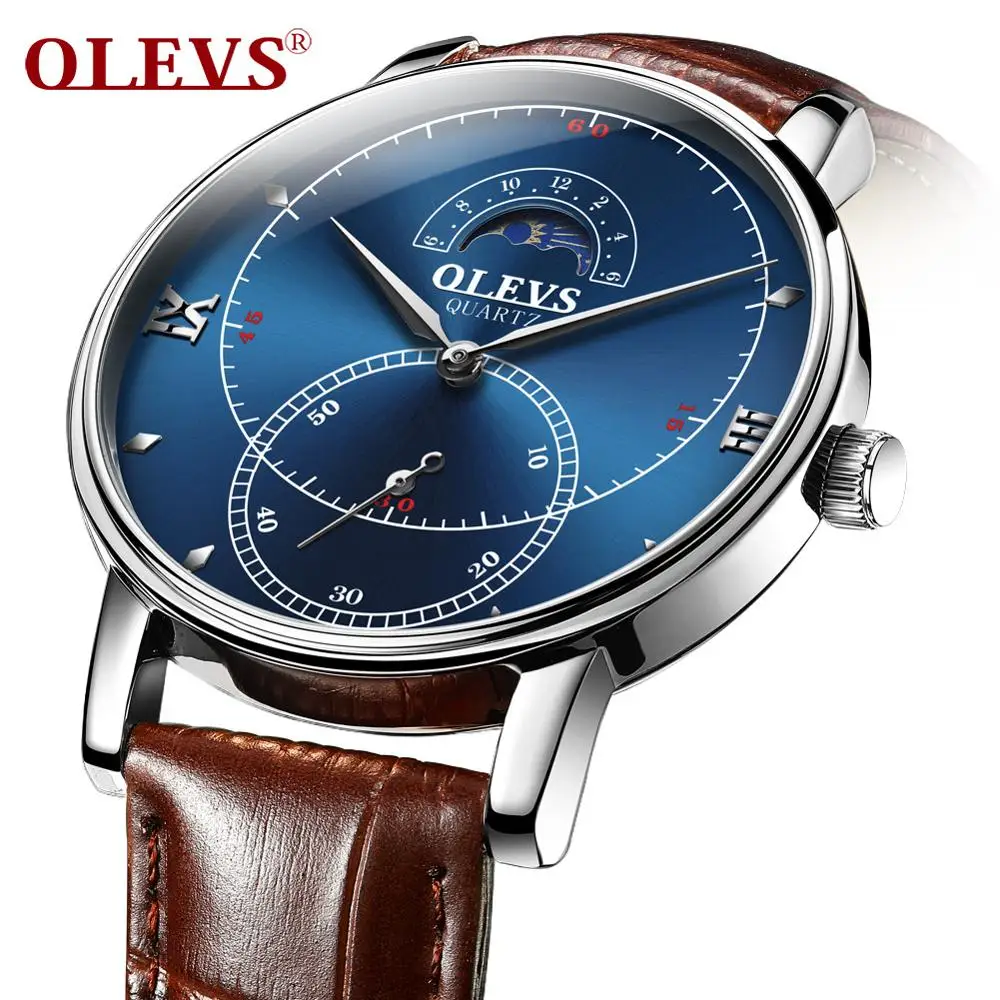 OLEVS Роскошные мужские часы черный/коричневый кожаный ремешок модные кварцевые с