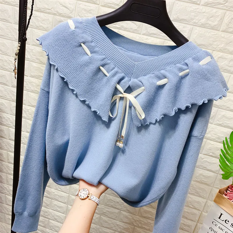 

Lace Up Big V-neck Women's Sweaters Women Sweater Fall Winter Clothes Loose Fit Sweater Girls Student Sweater Jumper Sweter