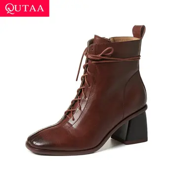 

QUTAA 2021 Lace Up Zipper Ankle Boots Cow Leather Autumn Winter Ladies Shoes Square High Heel Fashion Women Boots Size 34-42