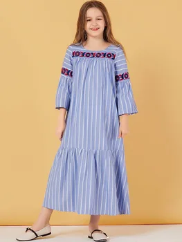 

Ramadan Robe Kids Girls Pleated embroidery Floral striped Long dress Muslim hijab dress Kids turkey kaftan Dubai Abaya dress
