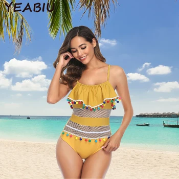 

Large Size Swimwear Women Bikini 2020 Swimsuits Ruffles Bikinis Pompom pSwimming Suit For Womens Push Up Bathing Suits Biquini
