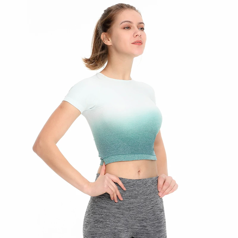 Бесшовная Женская Спортивная одежда для спортзала, тренировки, одежда с коротким рукавом для фитнеса, йоги, женская спортивная модная футболка с коротким рукавом