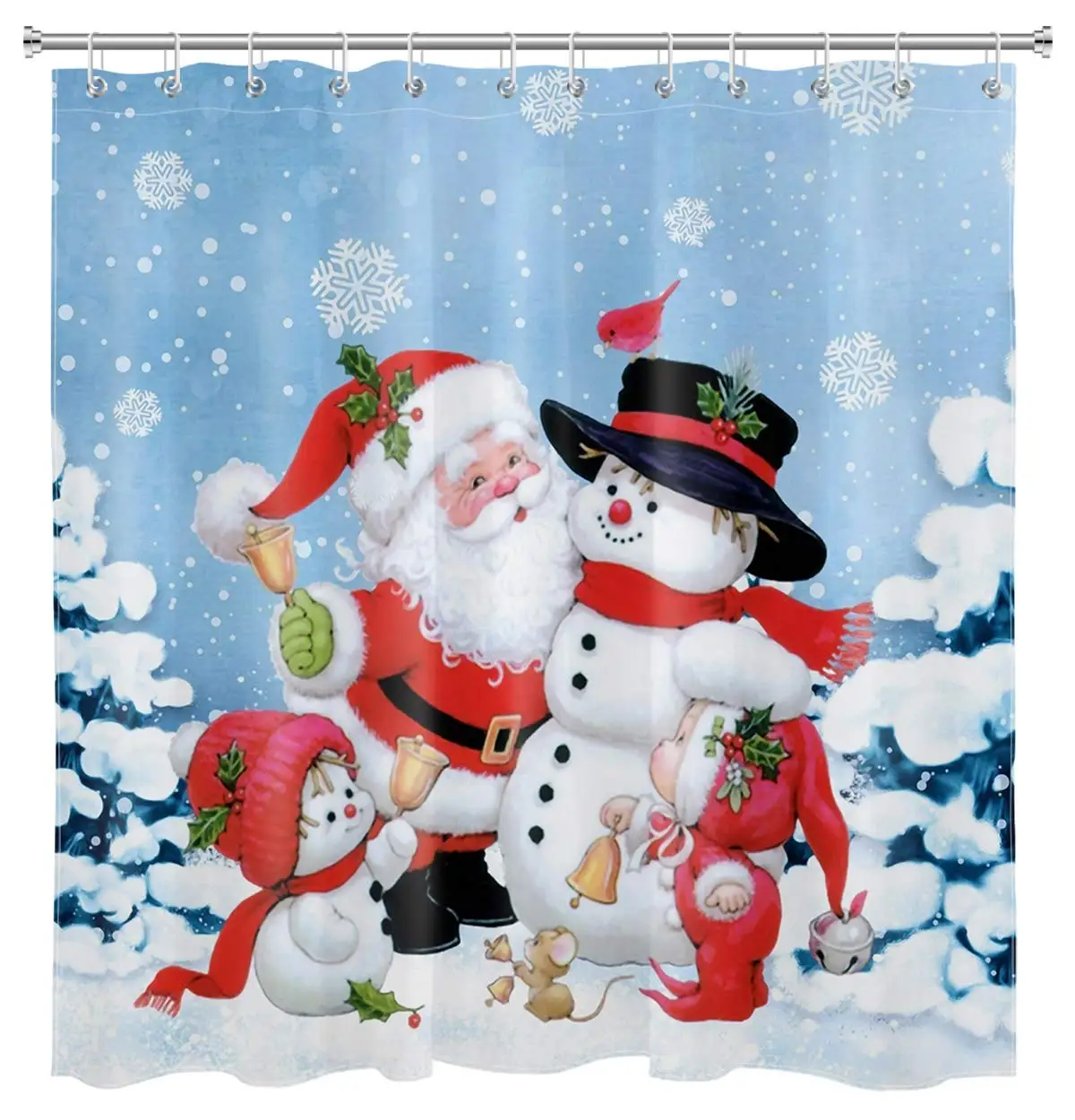

Christmas Santa Claus Snowman Shower Curtain for Kids Winter Xmas Trees Animals Cardinals Pine Trees Forest Snowflake Bathroom