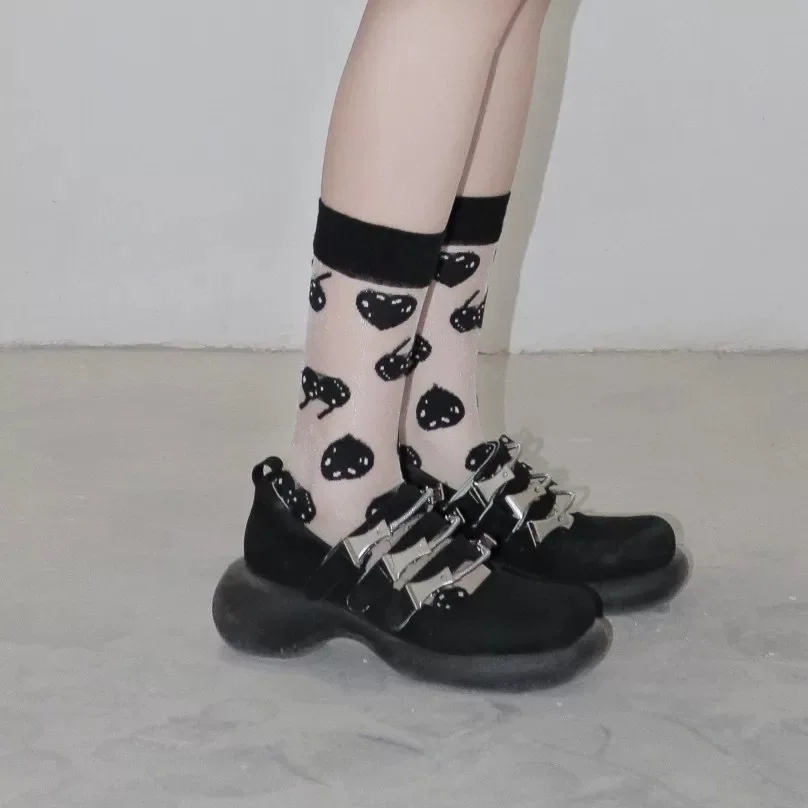 Black Retro Caring Cherry Glass Filament Socks Women Summer Japanese Harajuku Style Ultra-thin Transparent Crystal Silk Socks
