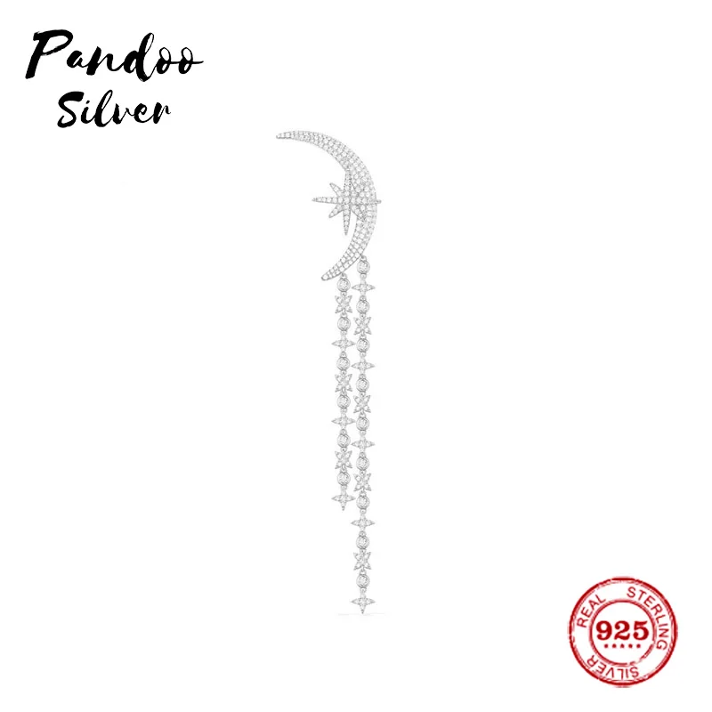 Pandoo Fashion Charm Sterling Silver Original 1:1 Copy,Arabian Nights Moon With Stars Long Earrings Jewelry Gift For Female