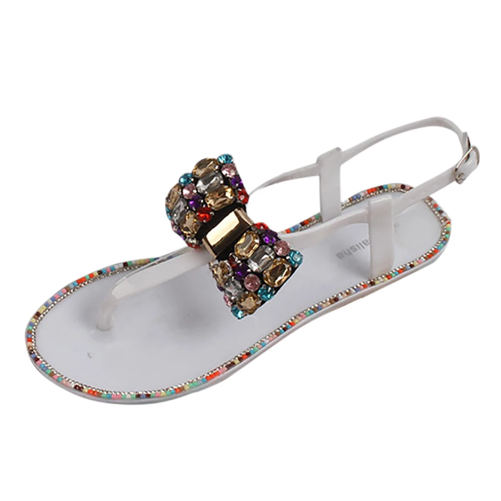 

SAGACE Summer Holiday Style Beach Casual Flat Sandals Women Shiny Square Rhinestone Inlaid Clip Toe Sandals Flat Slippers 1227