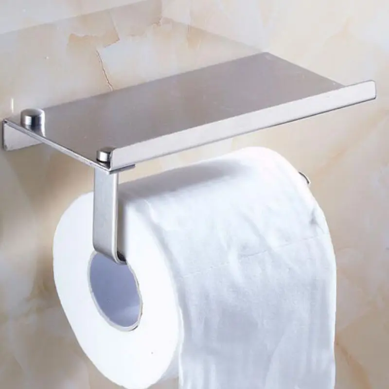 Stainless Steel Bathroom Toilet Paper Holder Roll Paper Dispenser Stand, with Phone Holder Shelf, Silver