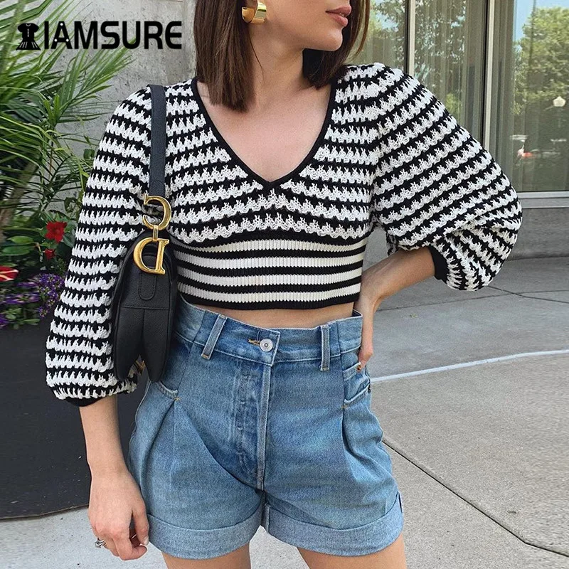 

IAMSURE Autumn Winter Fashion Striped Sexy V-Neck Cropped Sweater Streetwear Long Sleeve Slim Outfits Knitted Pullovers Sweater