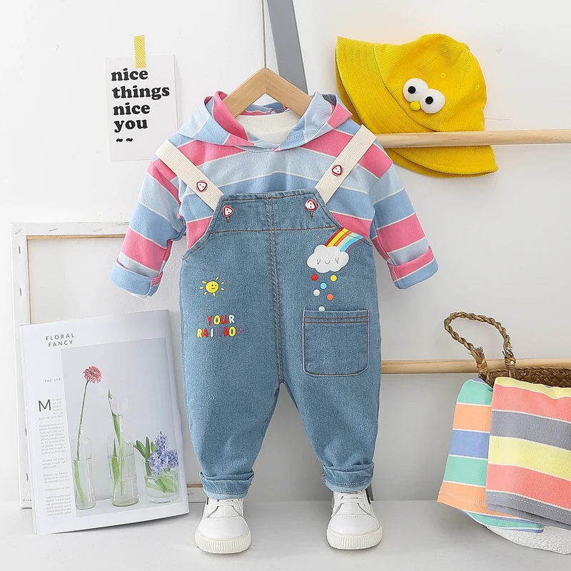HYLKIDHUOSE Spring Baby Girls Boys Clothing Sets Kids Children Hooded Stripe T Shirt Jeans Cartoon Toddler Infant Clothes Outfit | Детская