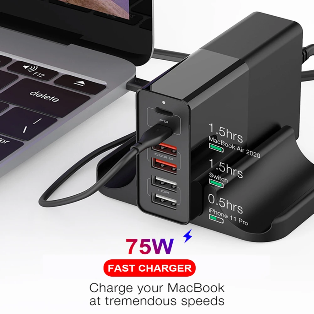 Зарядное устройство 75 Вт с двумя 6 портами USB PD QC 3 0 зарядные устройства типа C
