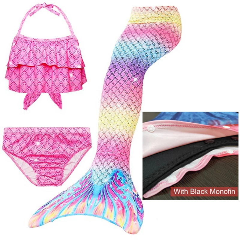 

Kids 4Pcs/Set Girls Mermaid Tail Swimsuit Mermaid Tails Costume Cosplay Beach Clothes Bathing Suit Swimable with Black Monofin
