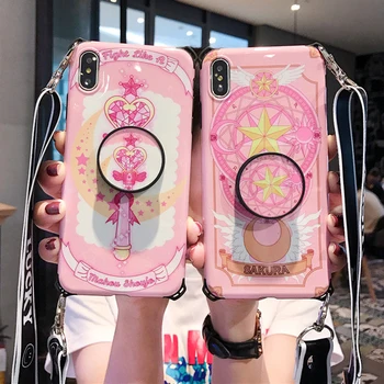

For iPhone XSmax /XR 8 7 plus shockproof back case, pink Sakura magic wand TPU cover for iPhone X 7 6splus +3D hoder+ long strap