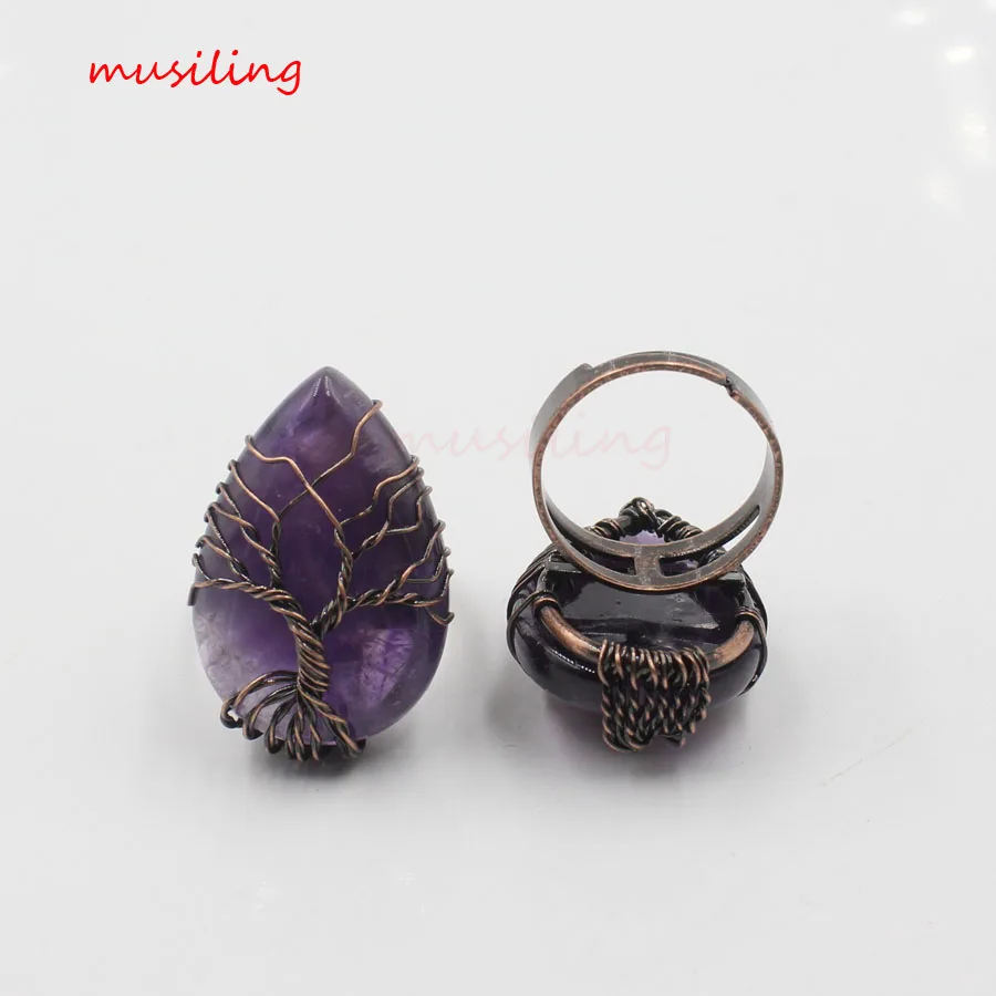 Amethyst T Обручальные кольца Кристалл жизни Дерево капли воды регулируемое кольцо аксессуары винтаж рейки подвески ювелирные изделия - Цвет основного камня: Amethyst T