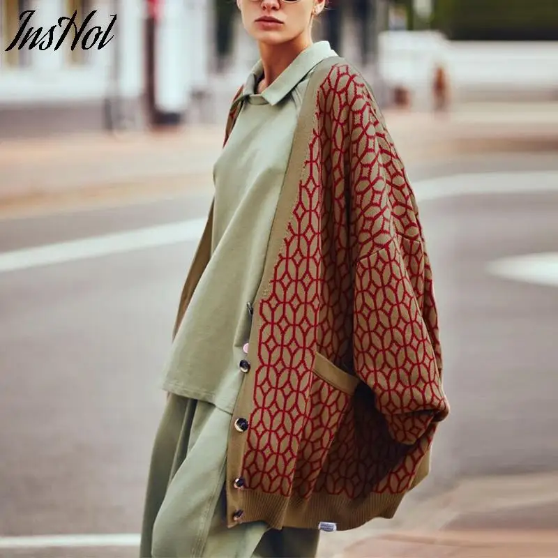 Women's Diamond Pattern Knit Cardigan Female Fashion V Neck Single Breasted Buttons Loose Casual Knitted Sweater 2021 Autumn |