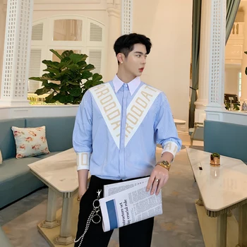

Men Fashion Blue Striped Casual Shirt Male High Street Three Quarter Sleeve Shirts Stage Clothes